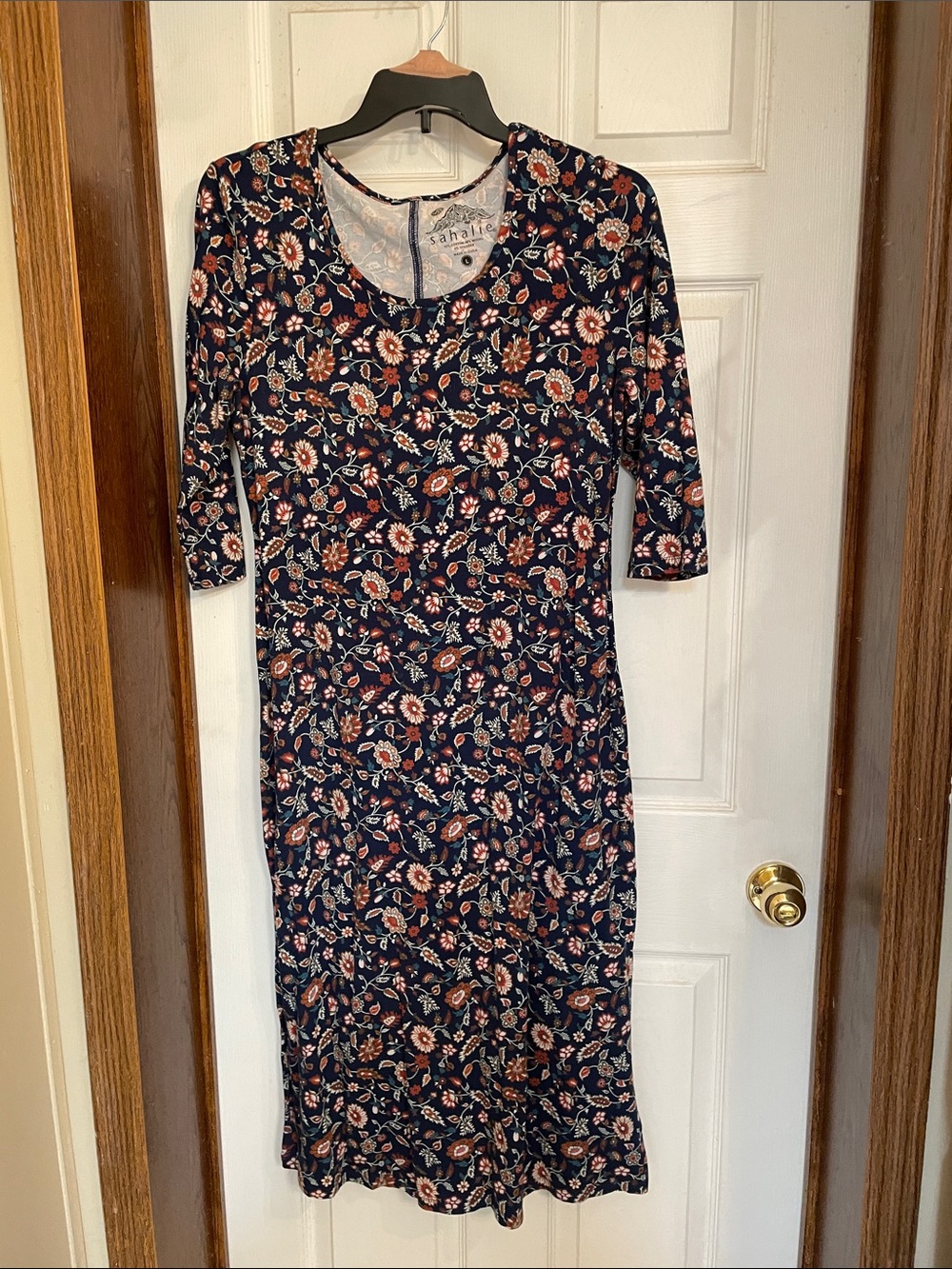 sahalie Navy Midi Dress with Pink and Cream Floral Print